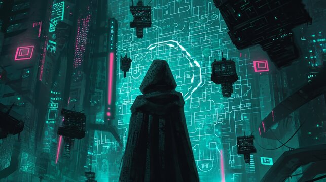 Mysterious figure in a hooded cloak surrounded by floating holographic code, representing the enigmatic world of the "Omnihacker." The neon-lit color palette and futuristic elements.