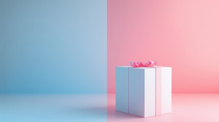 Minimalist Gift Box Emerging from Pastel Pink and Blue Gradient Split Background.