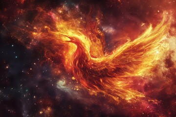 Phoenix rising from ashes against a cosmic backdrop. The mythical bird symbolizes rebirth and the opportunity to start afresh. The fiery feathers are intricately designed with warm tones. - obrazy, fototapety, plakaty