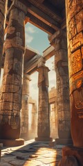 Ancient Egyptian ruins, showcasing intricate architecture and hieroglyphics high contrast, natural lighting. - obrazy, fototapety, plakaty