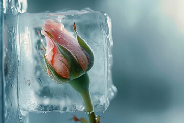 A dew-kissed rosebud suspended in a block of ice, symbolizing the delicate beauty and fragility of life. The image uses cool, ethereal tones inspired by the frozen still lifes.
