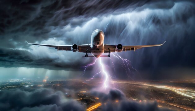 airplane hit by lightning strike while flying through stormy cloud - fear of flying - generative ai