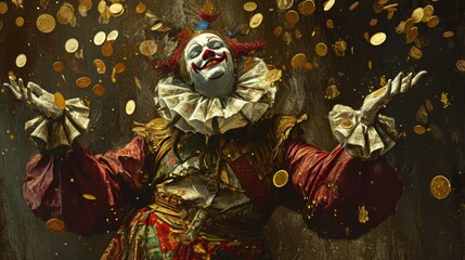 Jester figure, adorned in extravagant attire, juggling gold coins with a mischievous grin. The chaotic arrangement of currency hints at the fleeting nature of financial success.