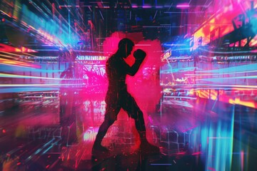 Vintage boxer's silhouette surrounded by distorted neon lights and glitchy effects. The image explores the disoriented mindset of someone punch drunk, with vibrant yet unsettling colors.