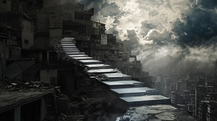 Staircase emerging from a crowded and dilapidated urban environment, leading towards a brighter, more prosperous cityscape. The contrasting light and dark tones create a visual metaphor for the upward - obrazy, fototapety, plakaty