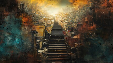 Staircase emerging from a crowded and dilapidated urban environment, leading towards a brighter, more prosperous cityscape. The contrasting light and dark tones create a visual metaphor for the upward - obrazy, fototapety, plakaty