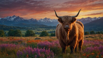 highland cow in the mountains - obrazy, fototapety, plakaty
