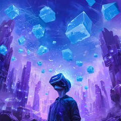 Character in a virtual reality headset, immersed in a surreal landscape filled with floating data cubes, each representing a piece of information waiting to be unearthed. 