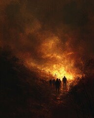 Group of individuals walking along a dimly lit trail, surrounded by the encroaching darkness. The use of warm tones on the horizon and subtle highlights on the characters conveys a sense of urgency.