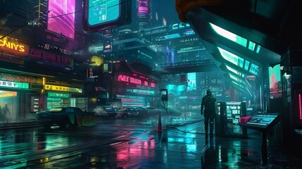 A dimly lit, futuristic cityscape where neon lights reflect off slick surfaces. A mysterious figure, face obscured by a digital mask, stands triumphantly next to a breached security system. 