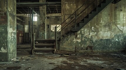 Abandoned, dilapidated location desolate landscapes. The authentic atmosphere and eerie stillness draw inspiration from the urban exploration photography.