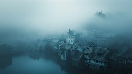 Coastal town covered in a blue-gray fog, evoking a sense of mystery and quietude. The authentic atmosphere and muted tones draw inspiration from the atmospheric coastal photography. - obrazy, fototapety, plakaty