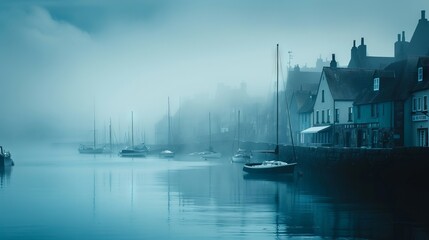Coastal town covered in a blue-gray fog, evoking a sense of mystery and quietude. The authentic atmosphere and muted tones draw inspiration from the atmospheric coastal photography. - obrazy, fototapety, plakaty