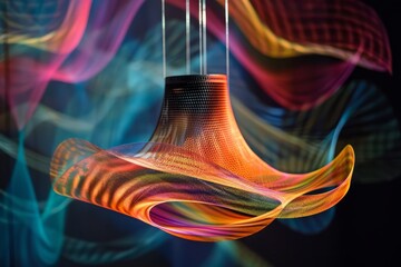 Ethereal nature of sound waves through vibrant, abstract patterns emanating from a suspended speaker. The image creates a sense of movement and rhythm in a visually captivating way.