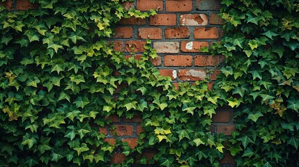 Brick wall partially covered in vibrant green ivy, symbolizing the harmonious coexistence of nature and human-made structures.
