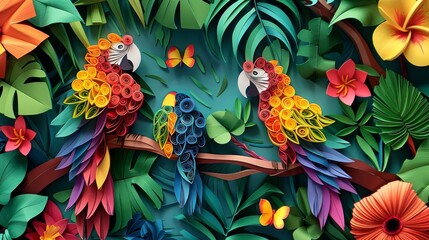 Vibrant Jungle Scene with Neon-Colored Birds and Fluorescent Green Foliage.