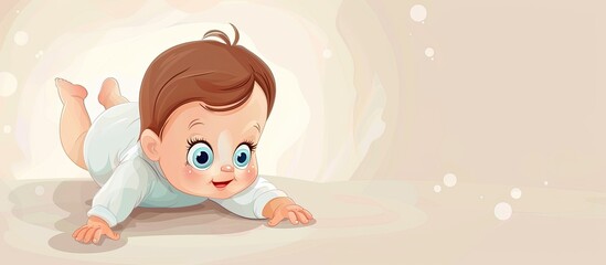 A joyful animated cartoon baby with a big smile on its face is crawling on the flooring. The cute fictional character is gesturing with its thumb in a leisurely manner