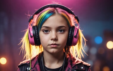 A cool girl with violet hair is listening to audio equipment