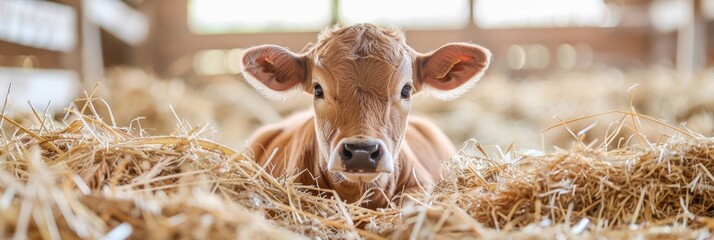 Cute Baby Cow Calf on a Dairy Farm with Hay. Adorable Black and White Calve for Web Banner or Copy Space - obrazy, fototapety, plakaty