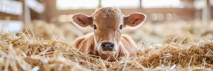 Deurstickers Cute Baby Cow Calf on a Dairy Farm with Hay. Adorable Black and White Calve for Web Banner or Copy Space © Web