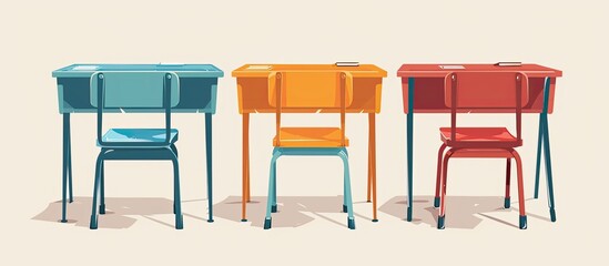 Three school desks and chairs placed in a row, creating a rectangular arrangement of furniture. The wood desks are lined up neatly for an outdoor classroom setup - obrazy, fototapety, plakaty