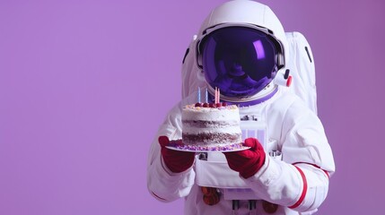 astronaut holding a birthday cake in his hands ona purple background with copy space - obrazy, fototapety, plakaty