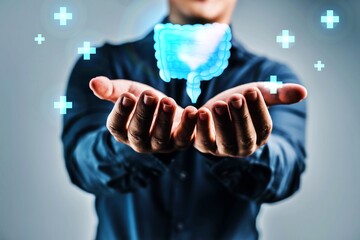 A man is holding his hands up to show a graphic of a stomach with a blue and white symbol