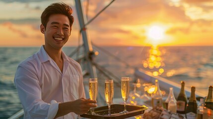 man waiter holding champagne glass on the tray serving to group of passenger tourist travel on luxury catamaran boat yacht sailing in the ocean at summer sunset - obrazy, fototapety, plakaty