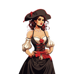 A woman in a pirate outfit poses confidently in front of a backdrop.