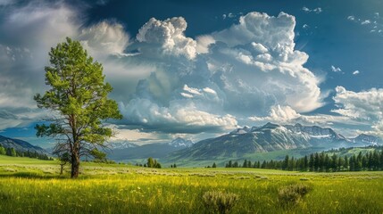 Dramatic Landscape Featuring Remote Meadow, Towering Trees, and Stormy Clouds over Peaks with a Wyoming View