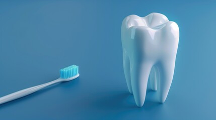 Fototapeta na wymiar illustration of 3d healthy white tooth and a tooth brush against a blue background, copy space, 3D