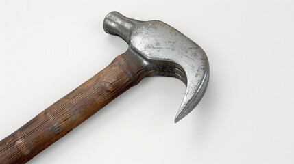 A close-up of a rugged claw hammer, showcasing its sturdy handle and polished steel head, set against a minimalist white backdrop. 8K