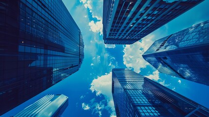 Upward view of towering skyscrapers under a blue sky, urban cityscape. Modern architecture and business district concept. AI