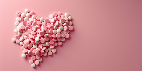 Tablets scattered in a heart shape on a pink background with space for text,