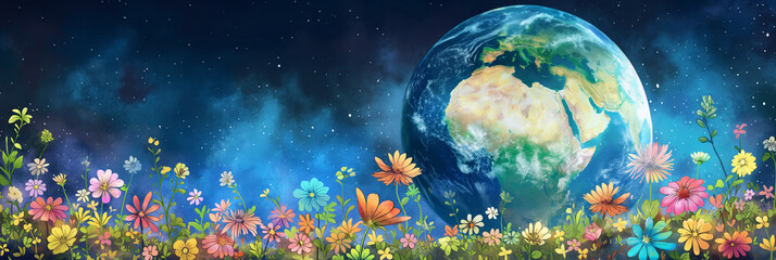 Obraz na płótnie Canvas Stylized Earth with colorful floral foreground, cosmic galaxy background, with copy space. Earth Day
