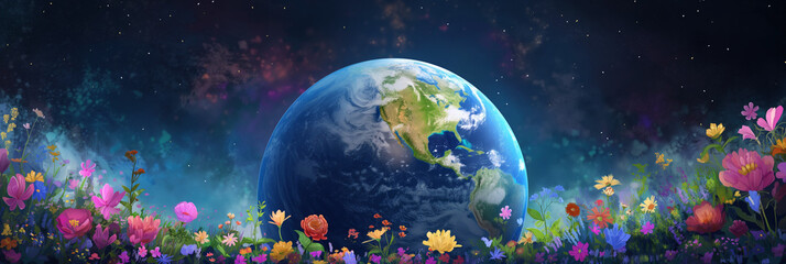 Stylized Earth with colorful floral foreground, cosmic galaxy background, with copy space. Earth Day 
