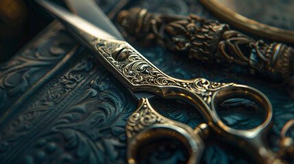 A close-up of old-fashioned barber scissors, gleaming under soft studio lighting, with intricate details on the handle. 8K - obrazy, fototapety, plakaty