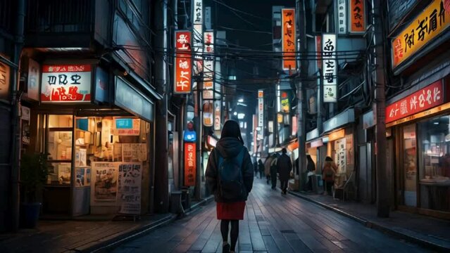 Trendy and beautiful japanese woman stands in the city with neon light signs as backdrop