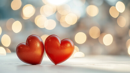 Romantic red hearts, glitter texture, bokeh lights, Valentine's Day concept