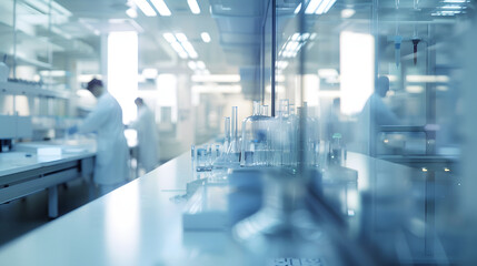 A blurred background of an advanced laboratory with scientists in white coats working on scientific equipment