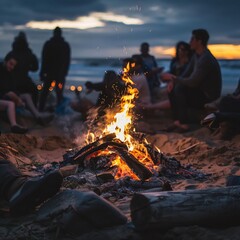 Detailed view of a bonfire on the beach at night, friends gathering around, cozy atmosphere - obrazy, fototapety, plakaty