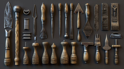 A collection of fine chisels, rasps, and carving tools displayed with exquisite detail against a transparent background. 8K - obrazy, fototapety, plakaty