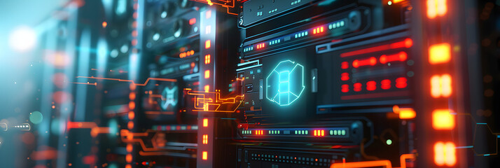 A closeup of an advanced server rack with glowing holographic screens displaying data and security icons