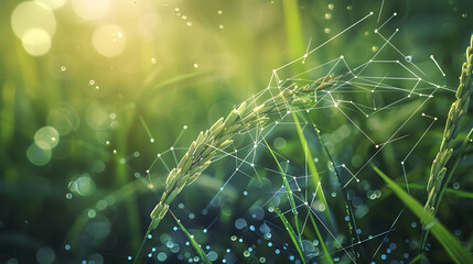 A closeup of rice ears, surrounded by digital connections and lines representing the connection between technology and agriculture. The background is blurred with green grasses