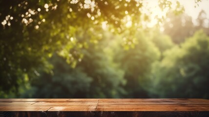 Empty Wooden Deck in Park Background