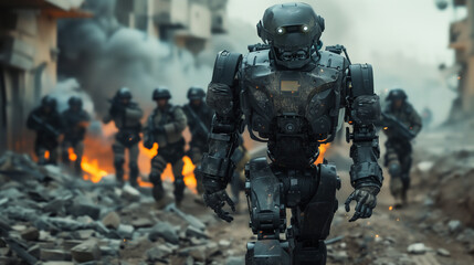 A black military soldier robot advancing in front of an army making progress in an urban combat zone. Future warfare. - obrazy, fototapety, plakaty