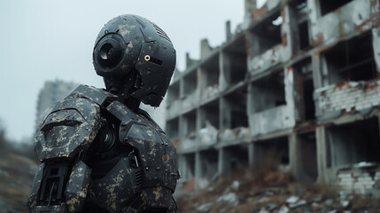 A military robot exploring the ruins in a devastated combat zone.