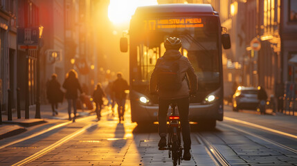 A cyclist riding on the street in front of an electric bus in the city center at sunset