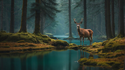 minimal cinematic a deer among the trees forest lake
