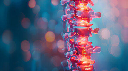 A detailed closeup of the human spine, highlighting areas where pain is felt during natural movement or environmental views such as sitting and standing - obrazy, fototapety, plakaty